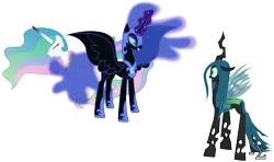 Size: 10500x6220 | Tagged: safe, artist:90sigma, derpibooru import, nightmare moon, princess celestia, princess luna, queen chrysalis, alicorn, changeling, pony, a canterlot wedding, absurd resolution, alternate scenario, now you fucked up, protecting, protective little sister, simple background, this will end in pain, transparent background, vector, you dun goofed