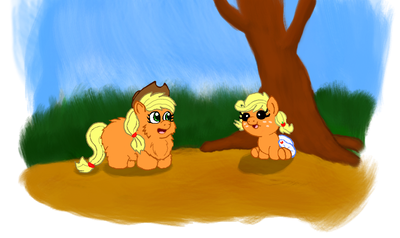 Size: 795x474 | Tagged: safe, artist:mr tiggly the wiggly walnut, derpibooru import, applejack, earth pony, fluffy pony, pony, babyjack, diaper, fluffyjack, foal, open mouth, self ponidox, sitting, smiling, tree, underhoof