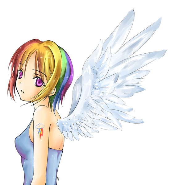 Size: 850x900 | Tagged: artist:d-tomoyo, clothes, derpibooru import, humanized, pixiv, rainbow dash, safe, simple background, solo, transparent background, winged humanization