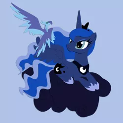 Size: 1200x1200 | Tagged: safe, artist:the-paper-pony, derpibooru import, princess luna, alicorn, night phoenix, phoenix, pony, blue background, cloud, female, lying down, mare, pet, simple background, solo, spread wings, wings