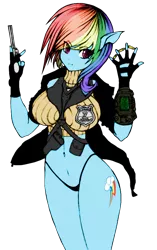Size: 620x988 | Tagged: ambiguous facial structure, anthro, artist:pie-likes-me, belly button, big breasts, bottomless, breasts, bullet, busty rainbow dash, clothes, crossover, derpibooru import, fallout, female, fingerless gloves, gloves, gun, looking at you, officer, panties, partial nudity, pipboy, pistol, police, police badge, police officer, rainbow dash, revolver, smiling, suggestive, sweater, thong, trigger discipline, turtleneck, underwear