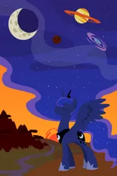 Size: 2400x3600 | Tagged: safe, artist:grandpalove, derpibooru import, princess luna, alicorn, pony, crescent moon, ethereal mane, eyes closed, female, galaxy, mare, moon, planet, planetary ring, solo, space, sunset, surreal, the cosmos, working