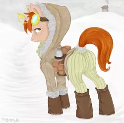 Size: 1280x1266 | Tagged: safe, derpibooru import, oc, unofficial characters only, boots, clothes, goggles, hoof boots, plot, snow, winter outfit