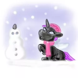 Size: 1024x1024 | Tagged: artist:kawa, changeling, derpibooru import, oc, oc:sixteen 7-52-1, safe, snow, snowfall, snowman, solo, unofficial characters only, wil