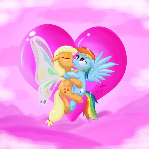 Size: 2000x2000 | Tagged: safe, artist:osakaoji, derpibooru import, applejack, rainbow dash, appledash, blushing, butterfly wings, female, gossamer wings, heart, kissing, lesbian, shipping