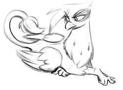 Size: 904x660 | Tagged: safe, artist:sb, derpibooru import, gilda, gryphon, female, frown, image, lying down, monochrome, png, prone, simple background, sketch, solo, white background