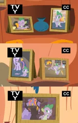 Size: 848x1328 | Tagged: derpibooru import, egg, food, framed picture, hatchling, ice cream, just for sidekicks, nest, peewee, phoenix, photo, safe, screencap, spike, text, tv rating, tv-y, twilight is not amused, twilight sparkle, unamused