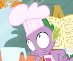 Size: 444x372 | Tagged: apron, bowl, chef, chef's hat, clothes, derpibooru import, dragon, faic, hat, just for sidekicks, looking up, naked apron, safe, screencap, shocked, spike, why