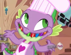 Size: 1126x869 | Tagged: apron, chef, chef's hat, clothes, cropped, derpibooru import, dragon, faic, gem, hat, hub logo, just for sidekicks, le ruse master, naked apron, safe, screencap, solo, spike, spread arms, toque, trollface