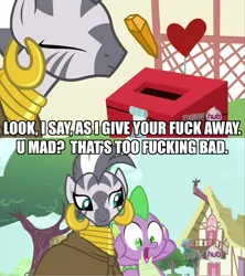 Size: 1024x1153 | Tagged: derpibooru import, image macro, safe, spike, vulgar, zebra, zecora