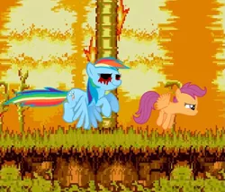 Size: 534x454 | Tagged: semi-grimdark, derpibooru import, rainbow dash, scootaloo, angel island zone, blood, crossover, hide and seek, image, jpeg, parody, rainbow.exe, sonic the hedgehog, sonic the hedgehog (series), sonic.exe