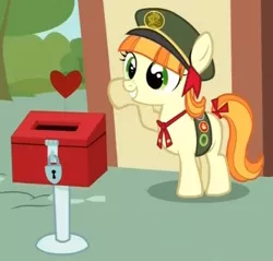 Size: 461x441 | Tagged: cropped, derpibooru import, donation box, filly guides, grin, heart, just for sidekicks, safe, screencap, smiling, solo, tag-a-long, tail bow, thin mint