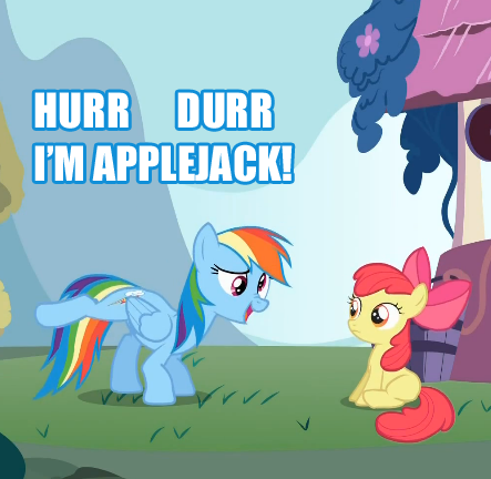 Size: 443x432 | Tagged: apple bloom, blue text, derpibooru import, image macro, mocking, quizzaciously, rainbow dash, safe