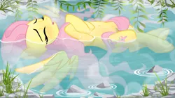 Size: 2844x1600 | Tagged: dead source, safe, artist:illuminatiums, derpibooru import, fluttershy, pegasus, pony, bath, bathing, belly button, blushing, eyes closed, female, grass, hot springs, mare, on back, open mouth, outdoors, rock, solo, water, wet