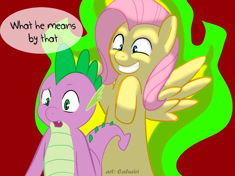 Size: 1280x959 | Tagged: artist:caluriri, derpibooru import, fluttershy, imminent rape, spike, suggestive