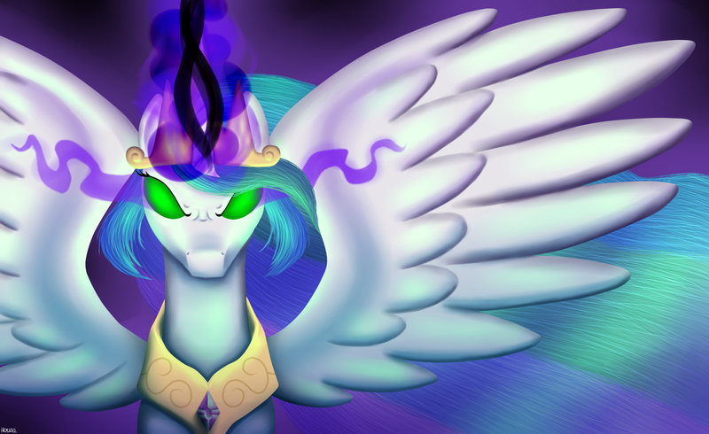 Size: 1600x979 | Tagged: artist:shrineheart, dark magic, derpibooru import, princess celestia, safe, solo, sombra eyes, spread wings, wings