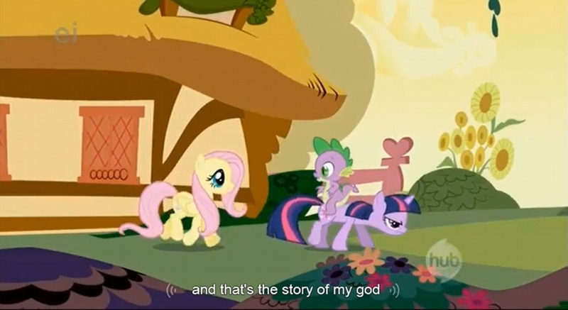 Size: 1597x873 | Tagged: safe, derpibooru import, screencap, fluttershy, spike, twilight sparkle, dragon, pegasus, pony, unicorn, dragons riding ponies, eye contact, female, frown, glare, god, grumpy, hub logo, hubble, looking at each other, male, mare, open mouth, riding, smiling, text, the hub, trotting, unamused, unicorn twilight, walking, youtube caption, youtube link