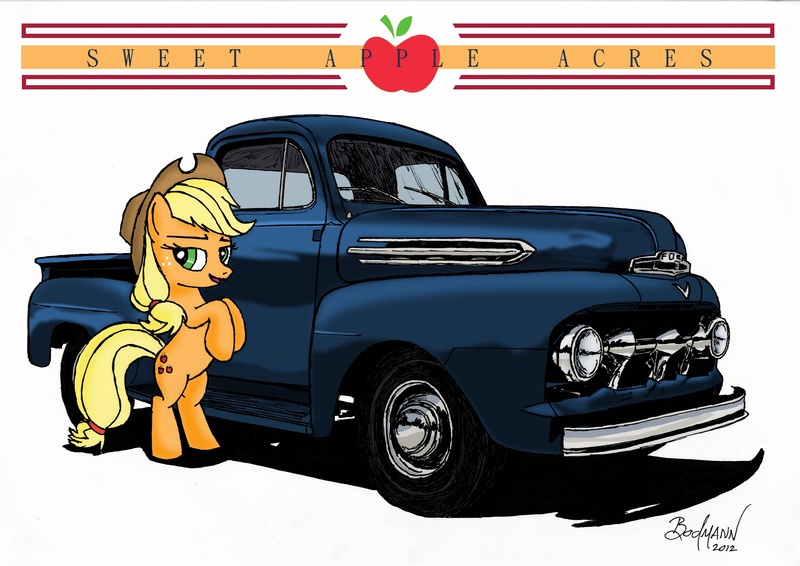 Size: 3438x2432 | Tagged: applejack, artist:berlioz-ii, car, derpibooru import, ford, ford f-1, safe, truck