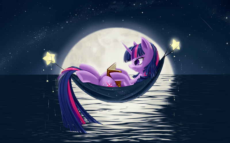 Size: 2560x1600 | Tagged: art, artist:dstears, book, derpibooru import, hammock, moon, ocean, reading, safe, solo, stars, tangible heavenly object, twilight sparkle, wallpaper, water