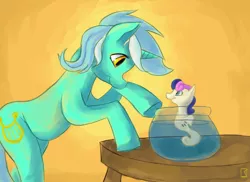 Size: 3300x2400 | Tagged: safe, artist:fauxsquared, derpibooru import, bon bon, lyra heartstrings, sweetie drops, pony, sea pony, unicorn, :t, bowl, cute, duo, eye contact, female, fish bowl, looking at each other, mare, seapony bon bon, simple background, smiling, species swap, table, yellow background