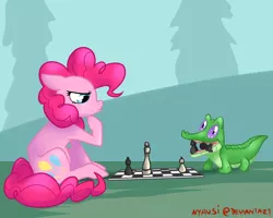 Size: 1000x800 | Tagged: artist:vertizontal, chess, derpibooru import, gummy, gummy is a filthy cheater, pinkie pie, safe