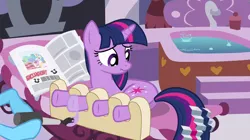 Size: 1280x719 | Tagged: safe, derpibooru import, screencap, princess celestia, twilight sparkle, pony, unicorn, ponyville confidential, cakelestia, hoof polish, hoof spongey thing, hooficure, scrunchy face, solo focus, spa, unicorn twilight