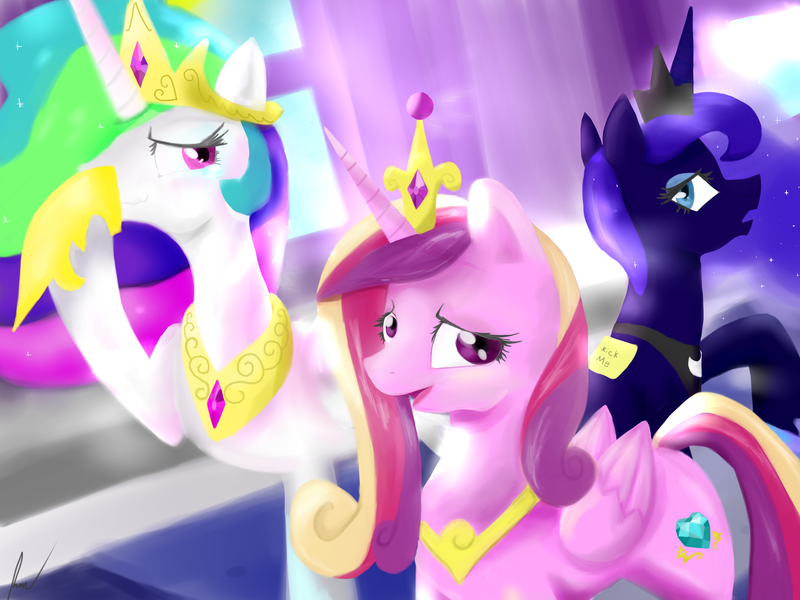 Size: 6000x4500 | Tagged: absurd resolution, artist:rixnane, derpibooru import, kick me, princess cadance, princess celestia, princess luna, safe