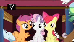 Size: 480x270 | Tagged: safe, derpibooru import, edit, edited screencap, screencap, apple bloom, opalescence, scootaloo, sweetie belle, tank, winona, earth pony, pegasus, pony, unicorn, just for sidekicks, adorabloom, animated, apple bloom's bow, bow, caption, cute, cutealoo, dialogue, diasweetes, female, filly, foal, hair bow, hub logo, hubble, meme, pillow, reaction image, sitting, smiling, trio focus, tv rating, tv-y