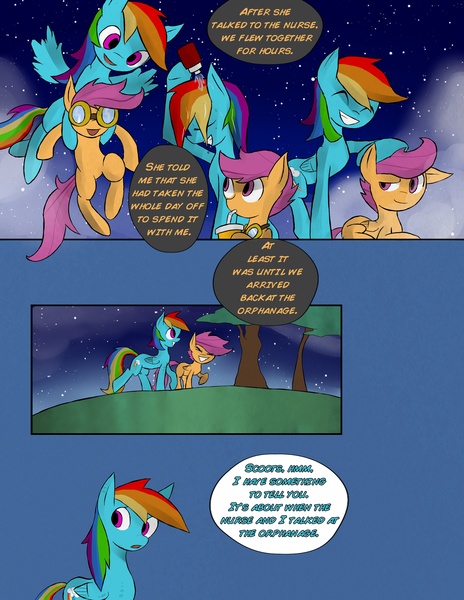 Size: 2511x3245 | Tagged: safe, artist:juanrock, derpibooru import, rainbow dash, scootaloo, pegasus, pony, comic:element of loyalty, carrying, cloud, comic, cute, cutealoo, drinking, eyes closed, female, filly, flying, frown, goggles, grin, holding a pony, leaning, looking back, mare, night, open mouth, prone, raised eyebrow, raised hoof, scootalove, sky, smiling, smirk, spread wings, squee, stars, straw, water bottle, wings