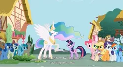 Size: 1589x873 | Tagged: safe, derpibooru import, screencap, applejack, blueberry muffin, blue october, bon bon, doctor whooves, fluttershy, meadow song, pinkie pie, princess celestia, rainbow dash, rarity, spike, spring melody, sprinkle medley, sweetie drops, time turner, twilight sparkle, friendship is magic, mane seven, mane six, youtube caption, youtube link