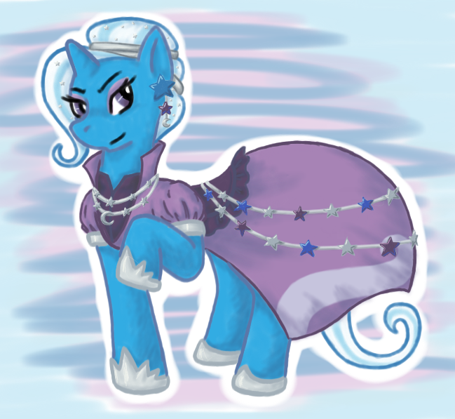 Size: 649x597 | Tagged: artist:cloverworks, clothes, derpibooru import, dress, gala dress, lunaverse, safe, trixie