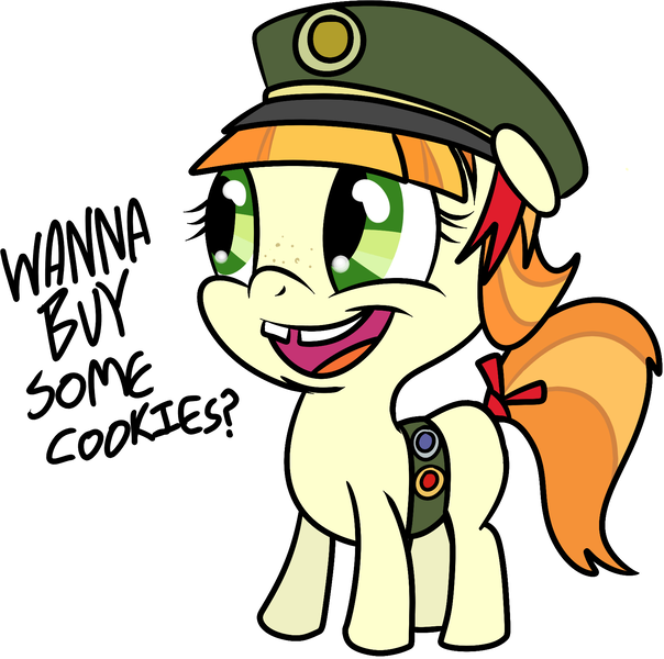 Size: 1670x1660 | Tagged: artist:corwin, cute, derpibooru import, filly, filly guides, freckles, gap teeth, grin, hat, open mouth, safe, smiling, solo, tag-a-long, tail bow, thin mint