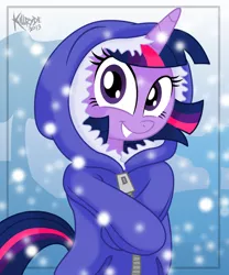 Size: 1000x1200 | Tagged: safe, artist:killryde, derpibooru import, twilight sparkle, pony, bipedal, clothes, cute, jacket, parka, smiling, snow, snowfall, solo, twiabetes, winter