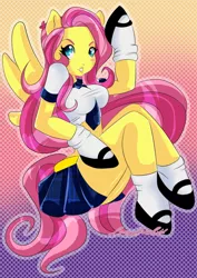 Size: 500x707 | Tagged: ambiguous facial structure, anthro, artist:lucyfidelis, breasts, clothes, derpibooru import, fluttershy, mary janes, schoolgirl, school uniform, suggestive
