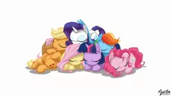 Size: 2560x1440 | Tagged: safe, artist:mysticalpha, derpibooru import, applejack, fluttershy, pinkie pie, rainbow dash, rarity, twilight sparkle, earth pony, pegasus, pony, unicorn, cuddle puddle, cuddling, cute, dashabetes, diapinkes, eyes closed, female, freckles, hat, jackabetes, mane six, open mouth, pony pile, raribetes, shyabetes, simple background, sleeping, twiabetes, wallpaper, white background