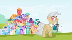 Size: 640x360 | Tagged: safe, derpibooru import, screencap, amethyst star, apple bloom, berry punch, berryshine, big macintosh, bon bon, carrot top, cherry berry, daisy, dizzy twister, flower wishes, golden harvest, lemon hearts, linky, lyra heartstrings, mayor mare, minuette, orange swirl, sassaflash, scootaloo, sea swirl, seafoam, shoeshine, smarty pants, spring melody, sprinkle medley, sunshower raindrops, sweetie belle, sweetie drops, twinkleshine, earth pony, pony, lesson zero, cutie mark crusaders, everypony, glasses, heart, heart eyes, male, raised hoof, stallion, want it need it