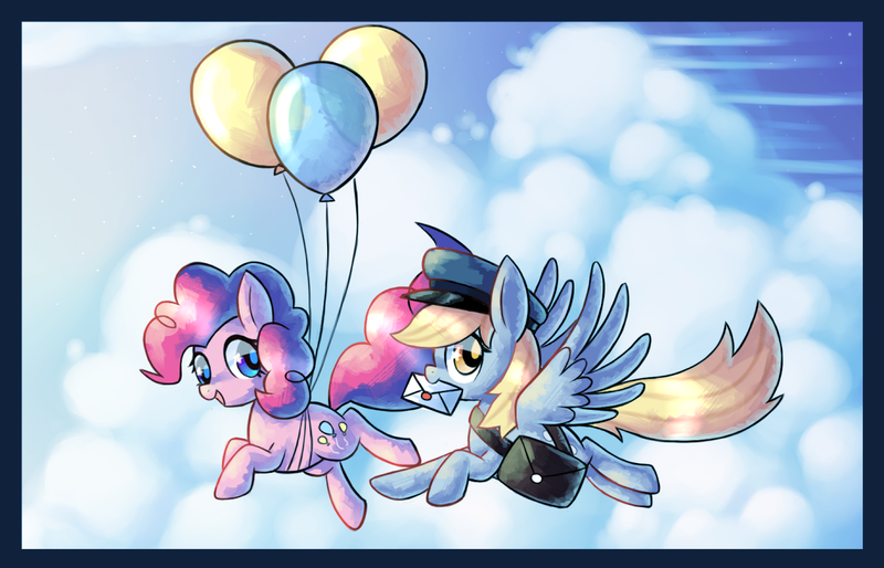 Size: 1078x693 | Tagged: safe, artist:astrofiziks, derpibooru import, derpy hooves, pinkie pie, pegasus, pony, balloon, cloud, cloudy, female, flying, hat, mail, mare, mouth hold, pixiv, saddle bag, sky, then watch her balloons lift her up to the sky