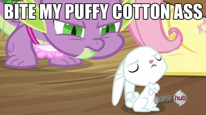 Size: 853x475 | Tagged: safe, derpibooru import, angel bunny, spike, dragon, pegasus, pony, rabbit, just for sidekicks, angel is a bunny bastard, angry, animal, apron, bag, caption, clothes, crossed arms, futurama, naked apron, saddle bag, unamused, vulgar