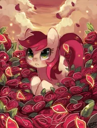 Size: 867x1134 | Tagged: dead source, safe, artist:suikuzu, derpibooru import, roseluck, earth pony, pony, beautiful, female, flower, mare, rose, rose petals, signature, solo