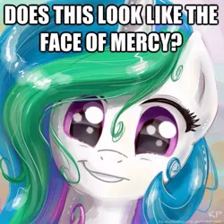 Size: 535x532 | Tagged: safe, artist:kp-shadowsquirrel, derpibooru import, princess celestia, pony, :t, caption, cute, cutelestia, face of mercy, grin, happy, image macro, looking at you, smiling, solo