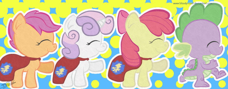 Size: 960x377 | Tagged: safe, artist:irunekagi, derpibooru import, apple bloom, scootaloo, spike, sweetie belle, dragon, earth pony, pegasus, pony, unicorn, cape, clothes, cmc cape, crusadespike, cute, cutie mark crusaders, eyes closed, female, filly, line, male, marching, scootaspike, shipping, spikebelle, spikebloom, straight, they grow up so fast