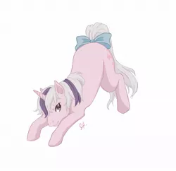 Size: 1275x1232 | Tagged: dead source, safe, artist:salpa, derpibooru import, twilight sparkle, pony, unicorn, bow, face down ass up, g1, simple background, solo, tail bow, white background