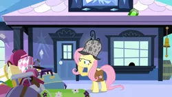 Size: 1280x720 | Tagged: crystal empire, deerstalker, derpibooru import, detective, edit, edited screencap, fluttershy, gem, hat, just for sidekicks, luggage, safe, screencap, solo, suspicious, train station