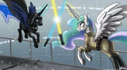 Size: 1500x833 | Tagged: artist:johnjoseco, crossover, darth vader, derpibooru import, duel, i am your father, i am your sister, lightsaber, luke skywalker, magic, princess celestia, princess luna, safe, star wars