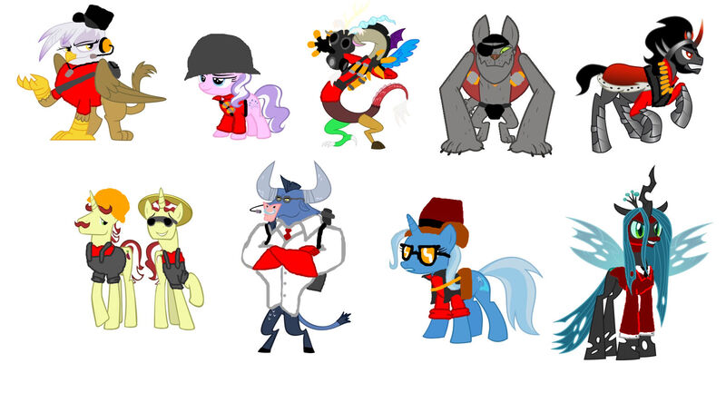 Size: 1800x1000 | Tagged: safe, derpibooru import, diamond tiara, discord, flam, flim, gilda, iron will, king sombra, queen chrysalis, rover, trixie, gryphon, demoman, engineer, heavy, medic, pyro, scout, sniper, soldier, spy, team fortress 2