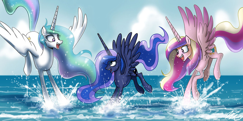 Size: 1700x850 | Tagged: safe, artist:johnjoseco, derpibooru import, princess cadance, princess celestia, princess luna, alicorn, pony, alicorn triarchy, cute, cutedance, cutelestia, female, happy, lunabetes, mare, missing accessory, ocean, smiling, splashing, water