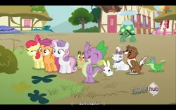 Size: 1024x640 | Tagged: angel bunny, apple bloom, cutie mark crusaders, derpibooru import, gummy, just for sidekicks, opalescence, owlowiscious, safe, scootaloo, screencap, spike, sweetie belle, tank, winona, youtube caption