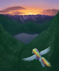 Size: 1600x1912 | Tagged: safe, artist:lurarin, derpibooru import, rainbow dash, pegasus, pony, fanfic:austraeoh, fanfic art, female, flying, mare, scenery, solo