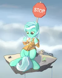 Size: 1158x1440 | Tagged: safe, artist:cheshiresdesires, derpibooru import, lyra heartstrings, pony, unicorn, clothes, cloud, dirt cube, floating, floating island, flower, jacket, magic, sign, sitting, sky, solo, stop sign