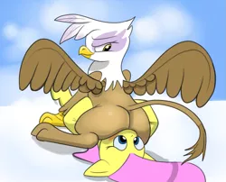 Size: 999x807 | Tagged: suggestive, derpibooru import, fluttershy, gilda, gryphon, pegasus, pony, blushing, butt, cloud, faceful of ass, facesitting, female, flutterseat, gildashy, gildonk, image, lesbian, looking at someone, looking back, mare, on a cloud, plot, png, raised tail, shipping, sky, spread wings, tail, wide eyes, wings